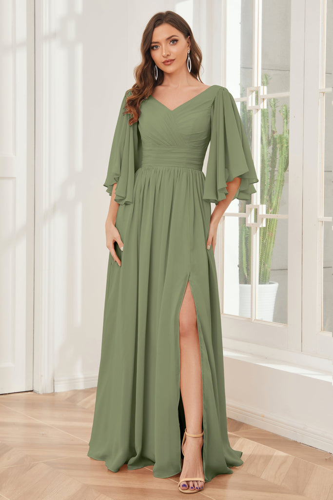 Half Sleeves Lace-up Back Bridesmaid Dresses with Slit