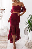 Burgundy Two Piece High Low Off-the-Shoulder Mermaid Lace Homecoming Dresses