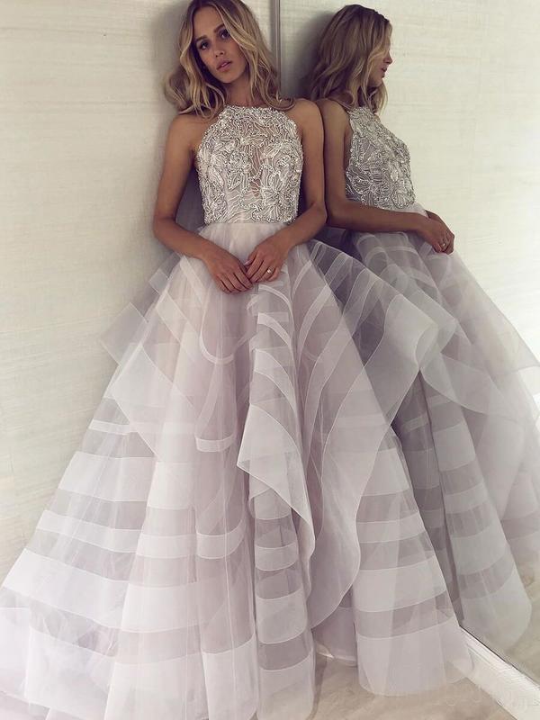 Chic A-Line Scoop Tulle Sparkly Beading Ball Gown Asymmetrical Backless Prom Dresses