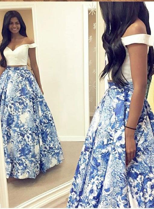 A Line Two Pieces Floral Off the Shoulder V Neck White Long Floor Length Prom Dresses