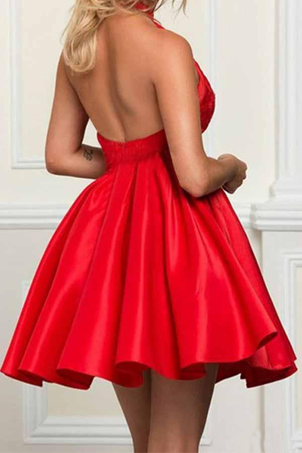 Cute A Line Round Neck Open Back Satin Red Short Homecoming Dresses with Lace
