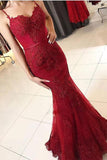 Cheap Red Spaghetti Straps Sweetheart Mermaid With Lace Appliques Prom Dresses