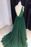 Chic A-Line V Neck Backless Dark Green Tulle Prom Dress with Sequins Evening Dresses