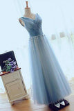 A-line V-neck Floor-length Tulle with Beading Prom Dresses Evening Dresses
