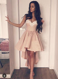 A-Line Sweetheart High Low Pink Stretch Satin Homecoming Dress with Appliques