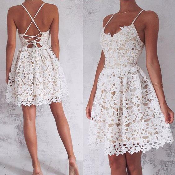 A-Line Spaghetti Straps Lace up Ivory Lace Short Sleeveless Sweet 16 Cocktail Dress