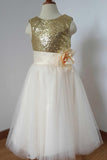 Gold Sequin Cream Tulle Ivory Scoop Flower Girl Dress with Flower Dress for Wedding Party