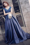 Charming A-Line V-Neck Navy Blue Satin Cap Sleeve Prom Dresses with Lace Appliques