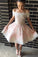 Cute A-line Off-the-shoulder Pink Short Prom Dress with Lace Appliques