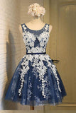 A-line Scoop Knee-length Open Back Navy Blue Organza Homecoming Dress with Appliques