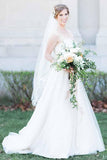 A-Line Sweetheart Court Train Sleeveless White Wedding Dress with Lace Beading