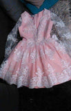 Cute A-line Long Sleeves Pink Short Lace Appliques V-Neck Homecoming Dress