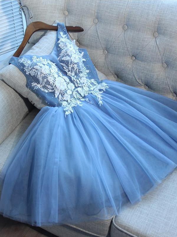 A Line V Neck Blue Tulle Cheap Beads Short Homecoming Dresses with Lace Appliques
