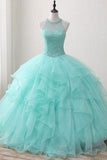 Ball Gown Long Green Sleeveless Open Back Lace up Beads High Neck Prom Dresses