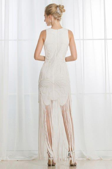 A-Line Jewel Ivory Scoop Satin Beading Tassel Sleeveless Appliques Dresses