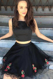 A Line Two Piece Square Short Black Knee Length Tulle Homecoming Dress with Appliques