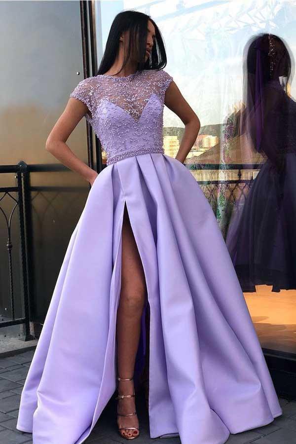 Chic Satin Short Sleeve Scoop Split Beads Purple Slit Open Back Long Prom Dresses