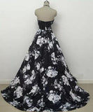 Cute Black and White Floral Satin Halter Vintage Print A-Line High Waisted Prom Dresses