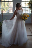 A-Line Round Neck Ivory Sweep Train Tulle Halter Wedding Dress with Lace