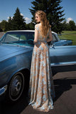 Charming Cap Sleeve Blue Lace Open Back A-Line Tulle Scoop Floor-Length Prom Dresses