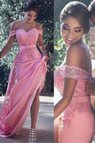 Pink Sheath Off-the-Shoulder Sweep Train Prom Dress with Lace Sash Ruffles