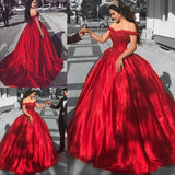Ball Gown Off the Shoulder Red Satin Lace up Quinceanera Dresses with Appliques