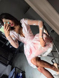 Cute A-line Long Sleeves Pink Short Lace Appliques V-Neck Homecoming Dress
