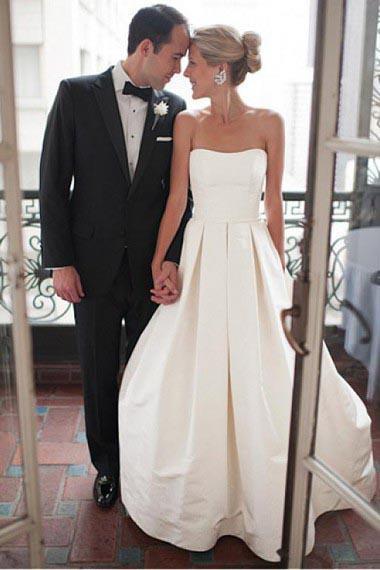 A-Line Sweetheart Strapless Backless Floor-Length Ivory Satin Wedding Dresses with Ruched