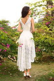 A-Line Princess V-Neck Lace Sleeveless Asymmetrical Lace High Low Bridesmaid Dresses