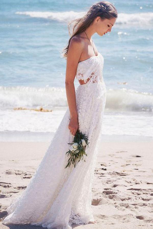 A-Line White Sweetheart Strapless Lace Long Beach Open Back Wedding Dresses