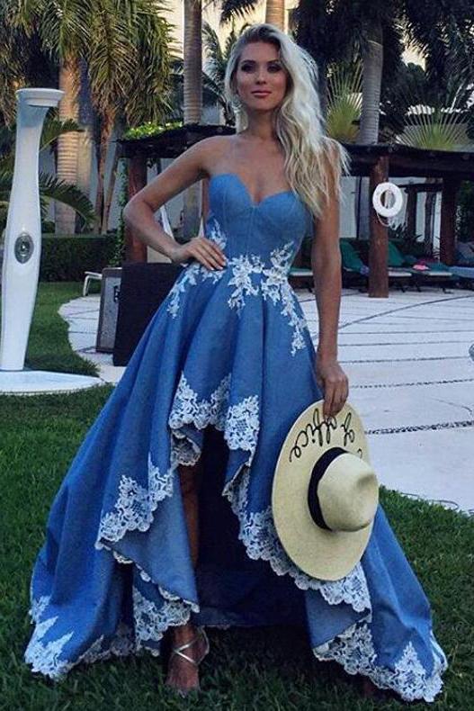 Blue Lace High Low Sweetheart A Line Appliques Long Strapless Cheap Prom Dresses