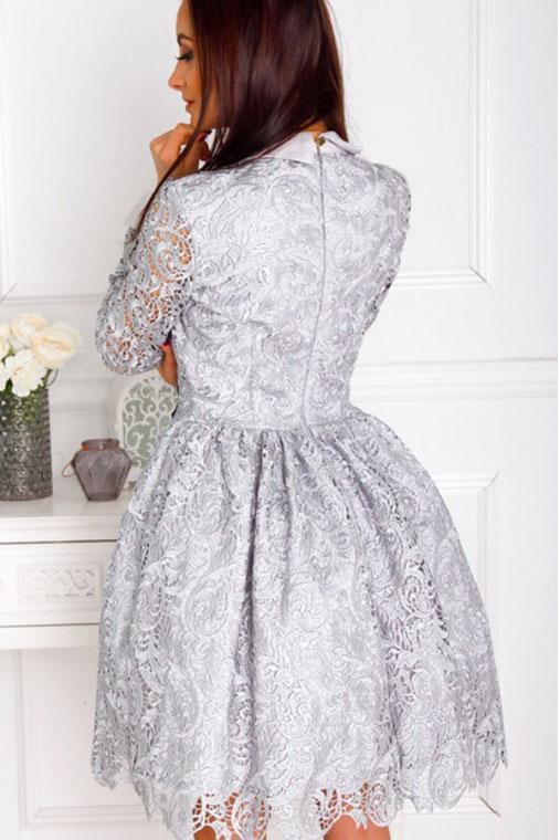 A-Line Crew Long Sleeves Above Knee Grey Lace Short Homecoming Dresses