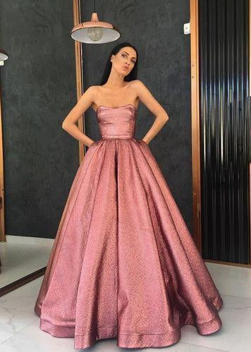 Unique Strapless A Line Long Pink Satin Floor Length With Pockets Prom Dresses