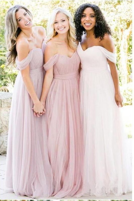 New Style A Line Tulle Sweetheart Off the Shoulder Long Ruffles Bridesmaid Dresses
