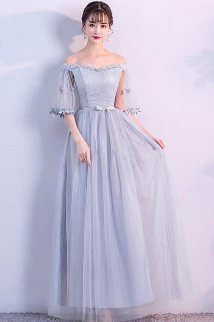 Off the Shoulder Blue Short Sleeve Tulle Bridesmaid Dresses Floor Length Wedding Party Dress
