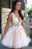 A-line V Neck Pink Short Prom Dresses Tulle Applique Homecoming Dresses