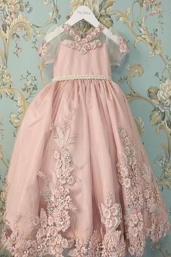 A Line Pink Princess Scoop Neck Short Sleeves Bowknot Lace Appliques Flower Girl Dresses
