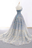 Elegant A Line Blue Tulle Long Strapless Lace up Gold Evening Dress Prom Dresses