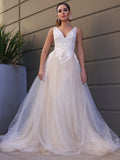 A-Line/Princess Tulle Applique V-neck Sleeveless Sweep/Brush Train Wedding Dresses TPP0006025