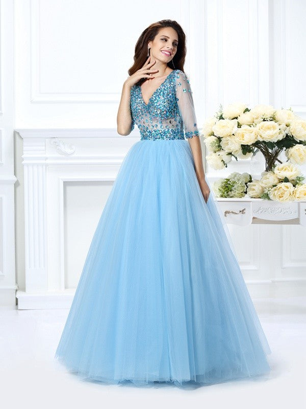 Ball Gown V-neck Beading 1/2 Sleeves Long Satin Quinceanera Dresses TPP0003284