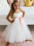 A-Line/Princess Tulle Sash/Ribbon/Belt Sweetheart Sleeveless Ankle-Length Flower Girl Dresses TPP0007799