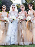 A-Line/Princess Sweetheart Sleeveless Applique Tulle Bridesmaid Dresses TPP0005209