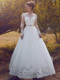 Ball Gown Bateau Tulle Long Sleeves Floor-Length Wedding Dresses TPP0006295