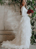 A-Line/Princess Tulle Ruffles Scoop Long Sleeves Sweep/Brush Train Wedding Dresses TPP0005986