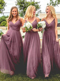 A-Line/Princess Spaghetti Straps Sleeveless Floor-Length Ruffles Tulle Bridesmaid Dresses TPP0005528