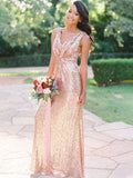 A-Line/Princess Sequins V-neck Floor-Length Ruffles Sleeveless Bridesmaid Dresses TPP0005416