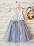 A-Line/Princess Tulle Lace Scoop Sleeveless Knee-Length Flower Girl Dresses TPP0007871