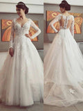 Ball Gown V-neck Long Sleeves Lace Court Train Tulle Wedding Dresses TPP0006187