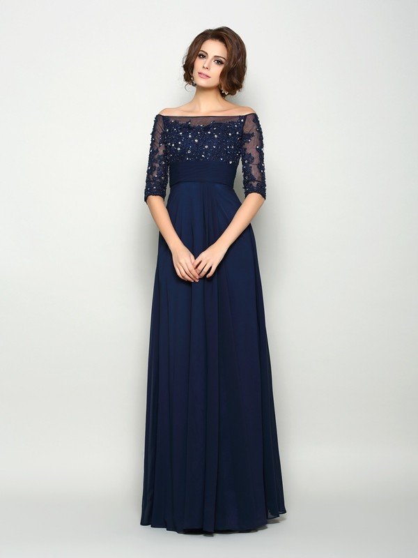 A-Line/Princess Off-the-Shoulder Beading 1/2 Sleeves Long Chiffon Mother of the Bride Dresses TPP0007036
