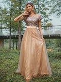 A-Line/Princess Tulle Sequin Off-the-Shoulder Sleeveless Floor-Length Bridesmaid Dresses TPP0005006